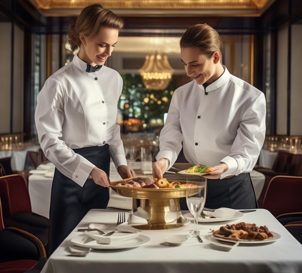酒店服务员两人合作上菜礼仪，专业服务中的默契与细节